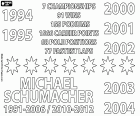Los números de la exitosa carrera como piloto de Fórmula 1 de Michael Schumacher. Los dos primeros títulos de campeón en las temporadas 1994 y 1995 con la escudería Benetton. Los otros cinco títulos los consiguió de manera consecutiva en la escudería Ferrari desde el año 2000 hasta el 2004