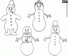 Dibujo de cuatro muñecos de nieve diferentes para colorear. Cada muñeco de nieve está decorado con diferentes complementos