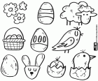 Un dibujo para colorear con una colección de pequeños dibujos de Pascua. Flores, huevos de Pascua, un cordero, la cara de un conejo y los pollitos
