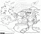 Una escena de la noche del 31 de octubre, la noche de Halloween. Durante esta noche la bruja prepara sus brebajes con la calabaza y su gato. Los fantasmas, los vampiros y los murciélagos se encuentran al lado de la mansión encantada cerca del bosque embrujado
