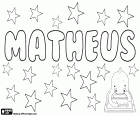 Matheus, nombre para niño en portugués de Brasil, Mateus en Portugal, derivado del nombre hebreo Mattityahu, su significado es Regalo de Yahveh