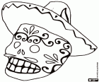 Una calavera mexicana con las tradicionales decoraciones del Día de los Muertos con el sombrero, Un catrín, la versión masculina de las más conocidas Catrinas