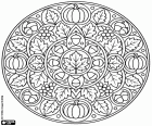 Un mandala circular formado por motivos otoñales como calabazas, hojas y bellotas