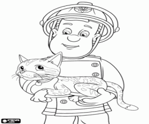 Colorear Sam el bombero y gato rescatado