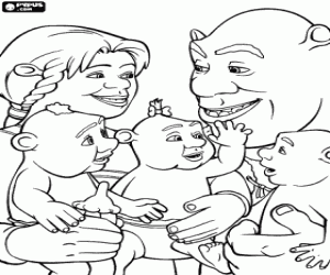 Colorear Shrek, Fiona con sus hijos