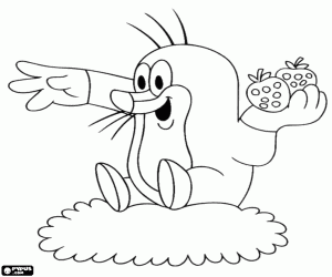 Colorear El topo Krtek con fresas en mano