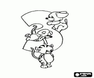 Colorear Tres animales y el número tres