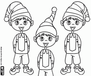 Colorear Tres pequeños duendes de Papá Noel