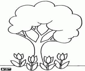 Colorear Un árbol con tulipanes alrededor