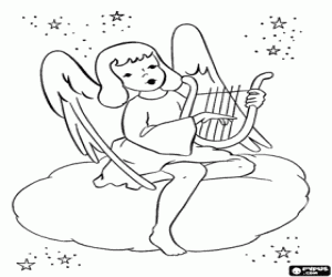 Colorear Un ángel con un arpa en una nube